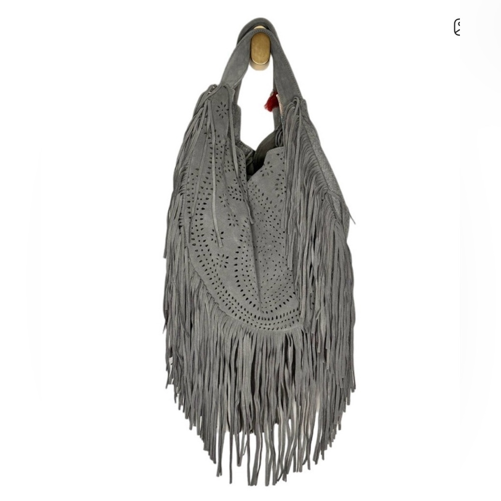 NWT Johnny Was Elodie Suede Felt Laser Cut Fringe Shoulder Boho Bag Gray